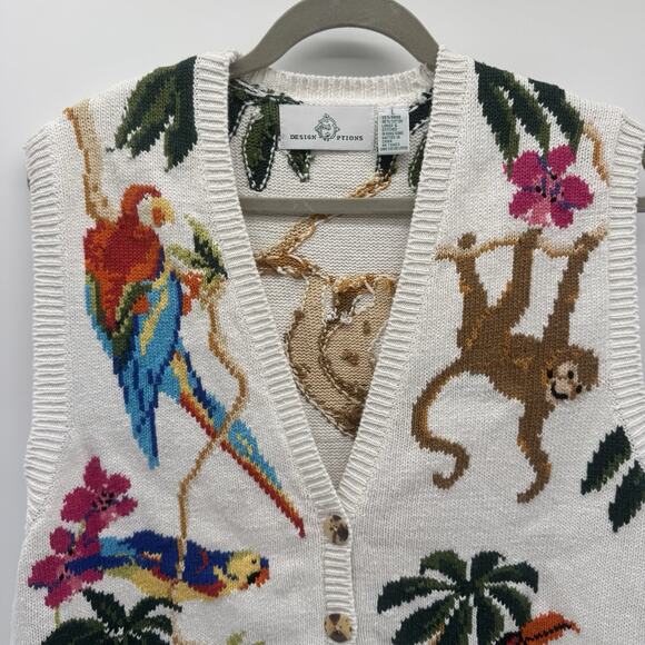 Design Options Sweater Vest Amazon Rainforest Exotic Birds Sloth Sz Large VTG - Picture 3 of 9